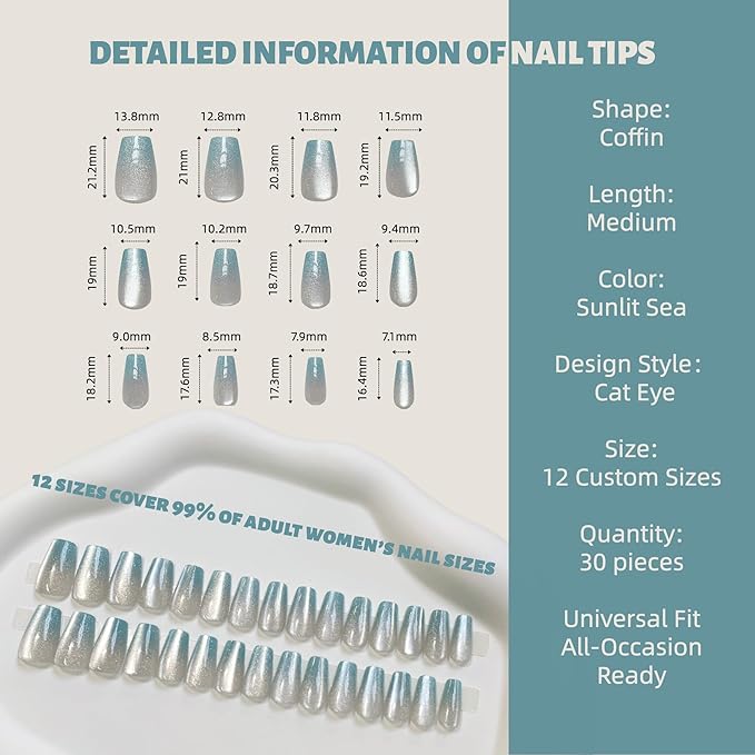 Press on Nails – 30PCS Medium Coffin Cat Eye Fake Nails with 12 Sizes – Gradient Blue Green Glossy Nails for Women – Reusable Glue-On Nails for All Occasions
