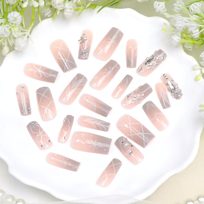 Winter Press on Nails Medium Square Fake Nails with Heart Bow Pearl Rhinestones Designs Gradient Nails Press ons for Women 24Pcs