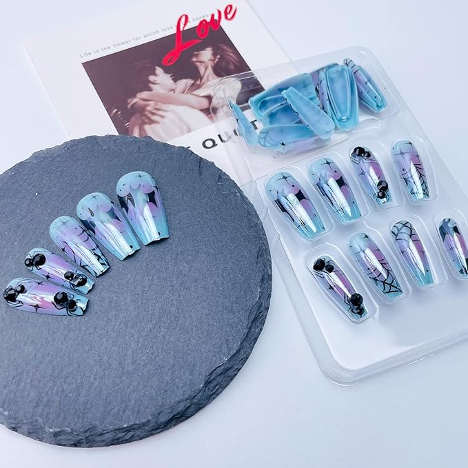 30Pcs Halloween Press on Nails Medium Coffin Chrome White Pink Blue Halloween Fake Nails with 3D Rhinestone Designs Spider Web Bat False Nails Reusable Full Cover Acrylic Glue on Nails for Women