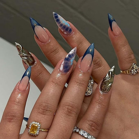 Hkanlre Stiletto Press on Nails Fake Blue Nails Tips Full Cover False French Long Nails for Women and Girls 24PCS