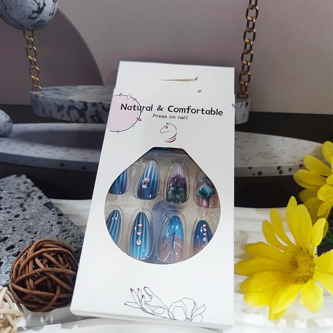 Summer Flower Press on Nails 24Pcs Glossy Blue Gradient Stick on Nail Green Leaves Gel Glue on Fingernails Acrylic Full Cover Fake Nails Rhinestones Medium Almond False Nail for Holiday Manicure Art