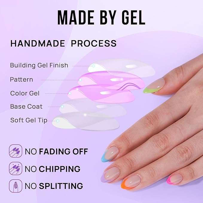 BTArtbox Press On Nails Short - Soft Gel French Tip Press On Nails, Colorful Almond Glue On Nails, Reusable Stick On Nails in 16 Sizes, Neon Rainbow French