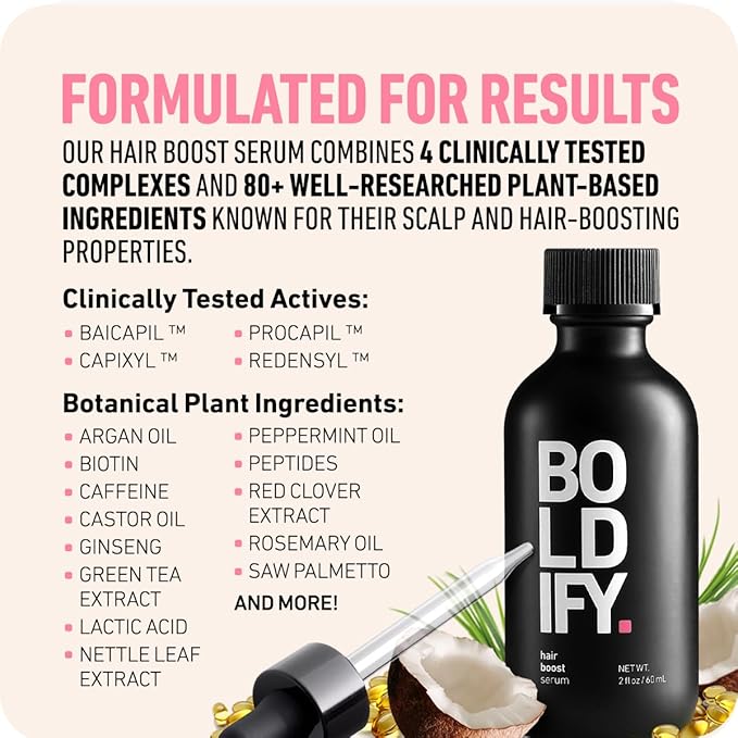 BOLDIFY Hair Growth Serum - 2 oz, 30 Natural Boosters + 4 Clinically Proven Peptides, Lightweight Non-Greasy Scalp Treatment for Thicker, Fuller Hair for Women & Men