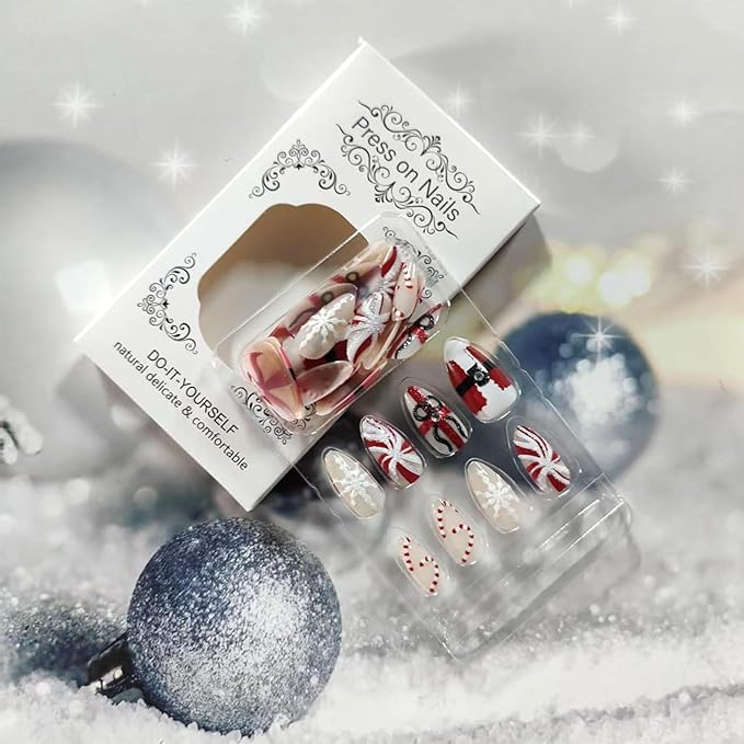 30Pcs Christmas Press on Nails Almond Fake Nails with Santa Claus Gift Designs Snowflake Candy Cane False Nails Red White Stripes Artificial Glue on Nail Holiday Stick on Nail for Women