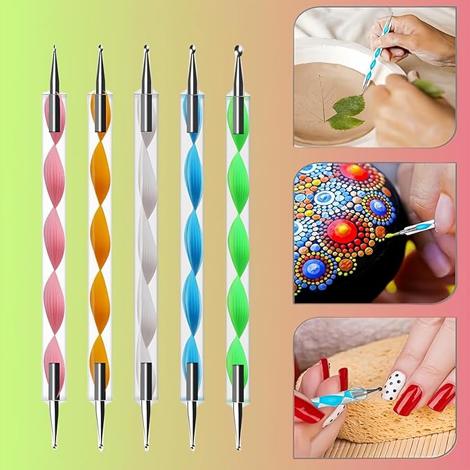 5Pcs Dual-Tipped Silicone Nail Art Pens, 5Pcs 2-Way Dotting Tools for Resin, Foil, Carving, Drawing & Shaping - Professional Nail Design Kit for Home & Salon