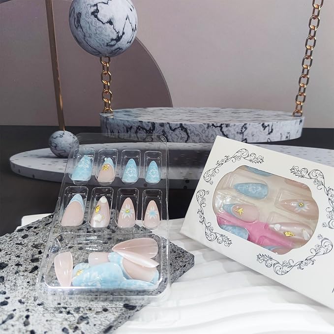 3D Sea Waves Press on Nails Glossy Blue Gradient Stick on Nail French Tips Medium Almond False Nail 24Pcs Flower Gel Glue on Fingernails Acrylic Full Cover Fake Nails for Holiday Manicure Art