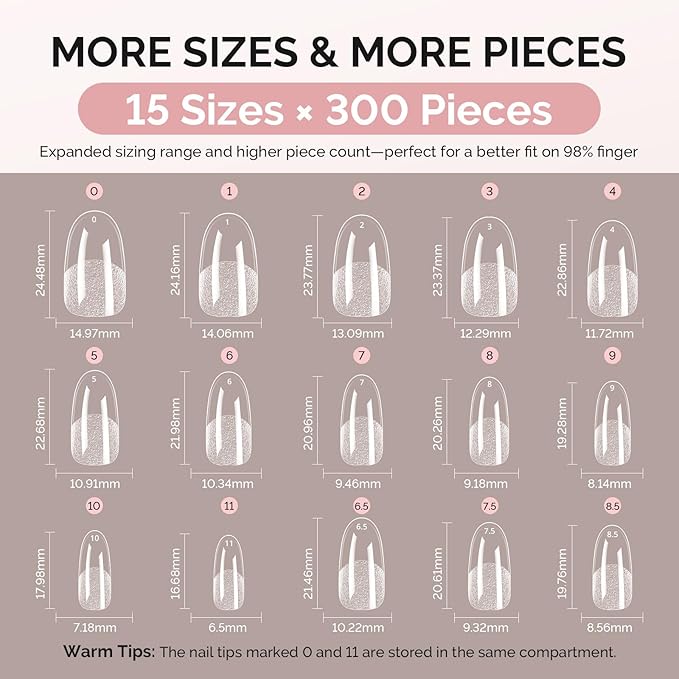 MelodySusie Medium Oval Round X Nail Tips - 300Pcs Clear Acrylic,Half Matte Full Cover Press on Nails for DIY Extension & Salon Use,15 Sizes Pre-Shaped for Long-Lasting Manicure