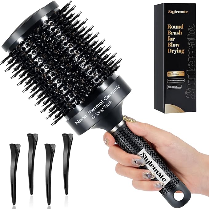 Large Round Brush, (Barrel 2.7 Inch, 65mm,) Nano Thermal Ceramic & Ionic Tech Round Barrel Roller Hair Brush with Boar Bristles for Blow Drying-Black