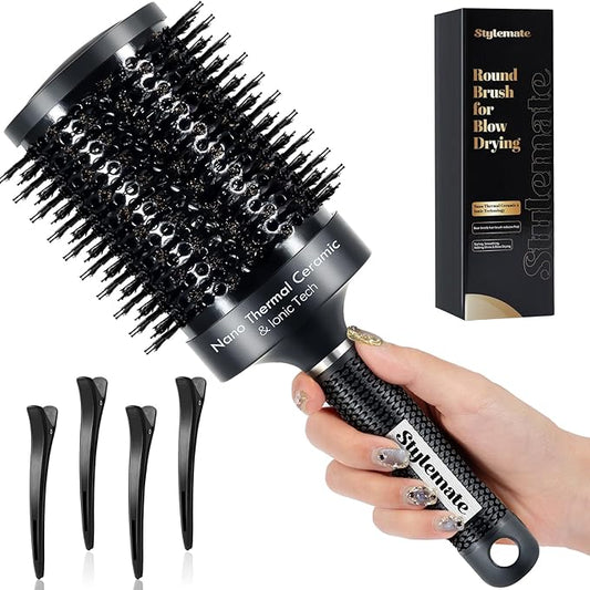 Large Round Brush, (Barrel 2.7 Inch, 65mm,) Nano Thermal Ceramic & Ionic Tech Round Barrel Roller Hair Brush with Boar Bristles for Blow Drying-Black