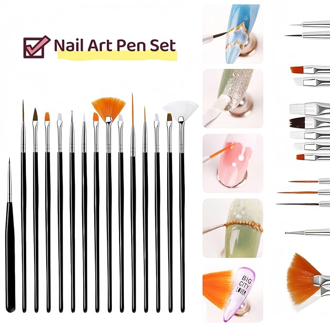 36Pcs Nail Art Brush Set, Acrylic Nail Brushes, Dotting Tools, Liner & Dust Brush, Drawing Pens For Gel Polish, sponge Polishing Rubs, Professional Nail Art Tools For Beginners & Salon Home Use