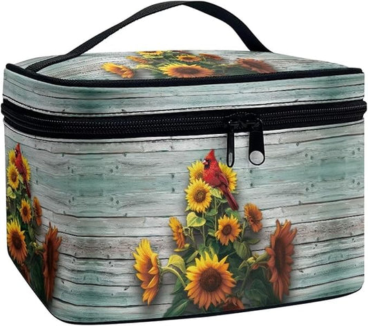 Cardinal Bird and Sunflower Print Travel Makeup Bags for Women Portable Tote Cosmetic Case with Carry Handle Toiletry Accessories Storage Organizer Bags