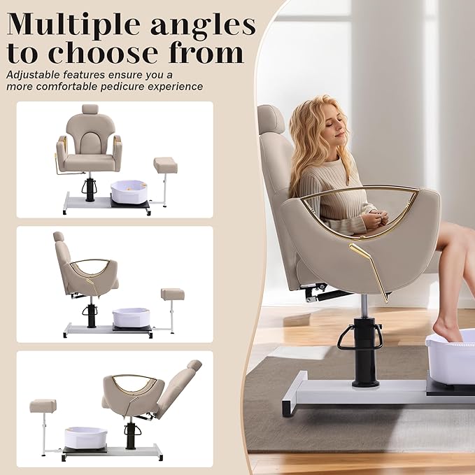 Pedicure Station No Plumbing, Hydraulic Pedicure Chair for Nail Tech, Height Adjustable Reclining Pedicure Station Unit, 360 Degree Swivel Foot Spa Chair with Massage Foot Bath (Grey-Golden)