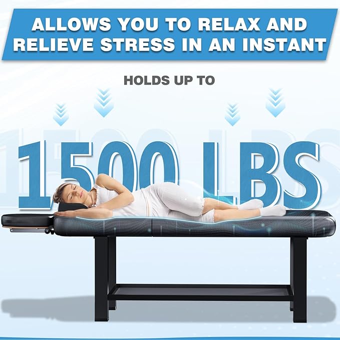 Stationary Massage Table with Hight Adjustable Backrest for Treatment, 4'' Thickened Memory Foam PU Leathe Load 1500 Lbs Professional Premium Metal Spa Bed Table with Storage for Physical Therapy