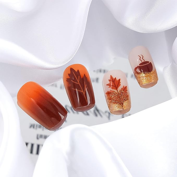 Fall Ombre Press on Nails Medium Square Gold Glitter Acrylic Fake Nails Thanksgiving Maple Leaf False Nails Autumn Coffee Stick on Nail Glossy Brown Gradient Gel Glue on Nail for Women 24Pcs