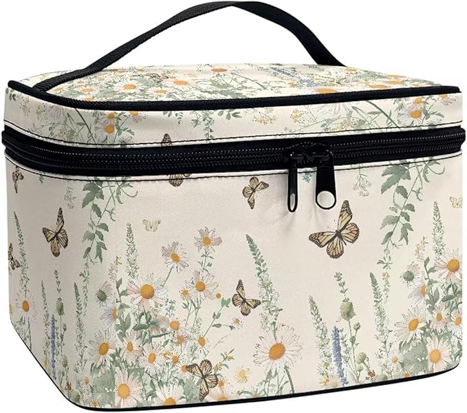 Butterfly Daisy Floral Print Travel Makeup Bags for Women Portable Tote Cosmetic Case with Carry Handle Toiletry Accessories Storage Organizer Bags
