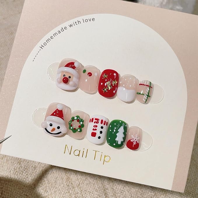 10Pcs Christmas Press on Nails Short Square Cute Fake Nails with 3D Snowman Santa Claus Design Glossy Pink Full Cover Acrylic Nails Winter False Nails Reusable Christmas Stick on Nail for Women DIY