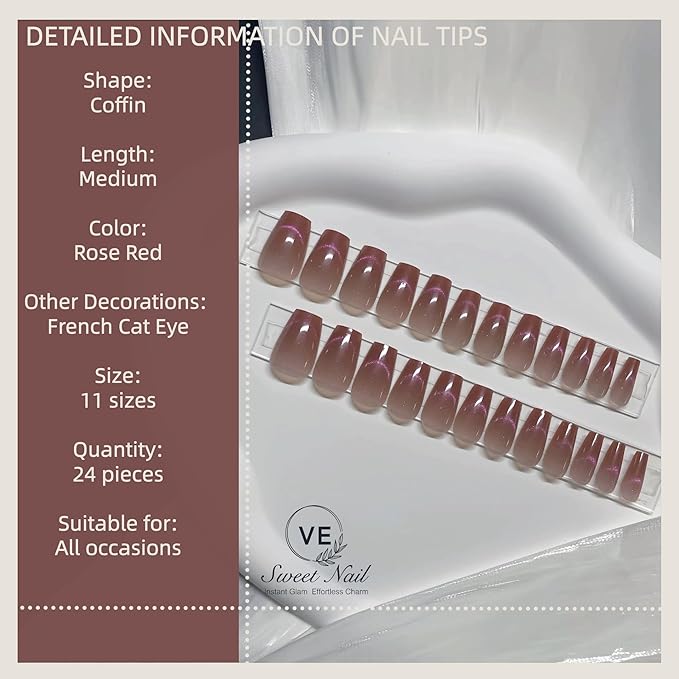 Mauve Pink Press On Nails Coffin Medium – 24pcs Cat Eye French Fake Nails with Nail Glue, Adhesive Tabs & Tools – Soft Fit Back, Durable Tip, Reusable Glossy Stick On Nails for Women