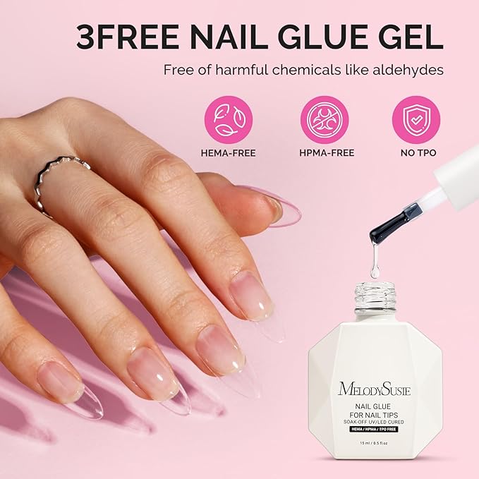 MelodySusie 3Free 5 in 1 Nail Glue Gel for False Nail Tips, NO Hema HPMA TPO, Super Sticky and Strong Adhesion, Rhinestone, Blooming Gel, Base Coat, UV Lamp Curing Needed,2 Pcs 15ml