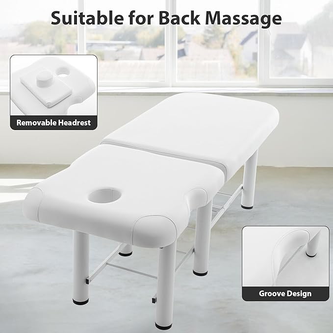 Professional Massage Table with Backrest, Faux Leather Stationary Physical Therapy Table, Metal Frame Barber Beauty Equipment, Removable Headrest Treatment Table Salon Spa Bed, White