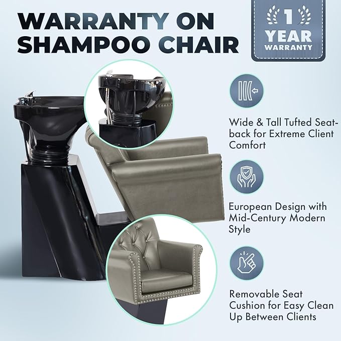 Buy-Rite Chelsea Shampoo Backwash Station - Gray Tufted Chair & Tilting Porcelain Bowl, Brass Nailhead Trim, Removable Cushion, Full Hardware Kit - NIN-9902BW-GRY