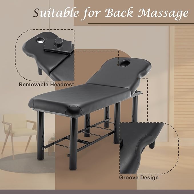 Professional Massage Bed Stationary Adjustable Massage Table Spa Bed 73" x27.5” Physical Therapy Table with Memory Foam Salon Bed w/Removable Headrest Black