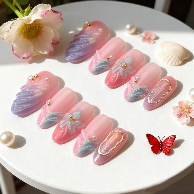 Long Almond Press on Nails with 3D Flowers Pastel Blue Fake Nails Glitter Fake Nails Elegant Stick on Nail for Women 24pcs