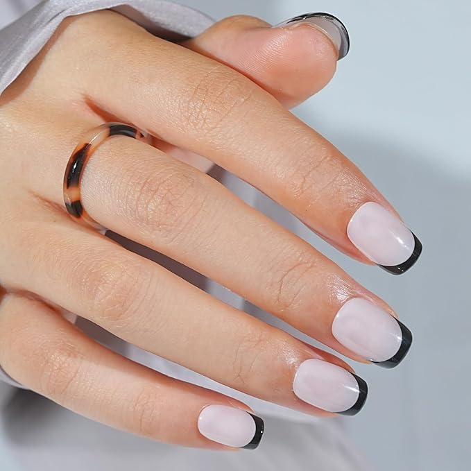 French Tip Press On Nails - Gothic Square,Black Halloween Press On Nails, Acrylic Square Short Halloween Nails with Nail Glue, Fit Perfectly & Natural Stick On Nails in 16 Sizes - 32 PCS Soft Gel Kit