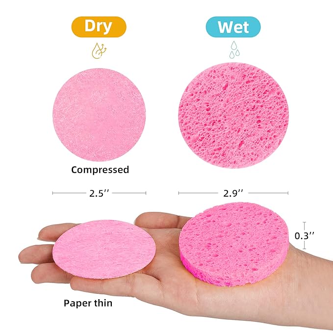 60-Count Compressed Facial Sponges|100% Natural Kickleen Cellulose Cosmetic Spa Sponges for Daily Facial Cleansing|Makeup and Mask Removal | Exfoliating | Skin Massage | Pore Exfoliation(Pink)