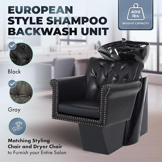 Buy-Rite Chelsea Shampoo Backwash Unit - Tufted Chair, Removable Cushion, Tilting Porcelain Bowl, Single-Lever Faucet, Vacuum Breaker & Install Kit Included - Black, NIN-9902BW