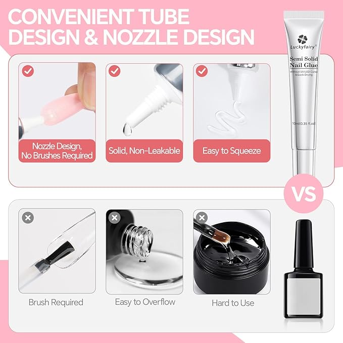 Super Strong Solid Nail Glue Gel for Press On Nails Tips, No Lamp Needed Semi Gel Nail Glue 10g (2pcs) Quick Drying Adhesive Long Lasting Fake Acrylic Nails Kit