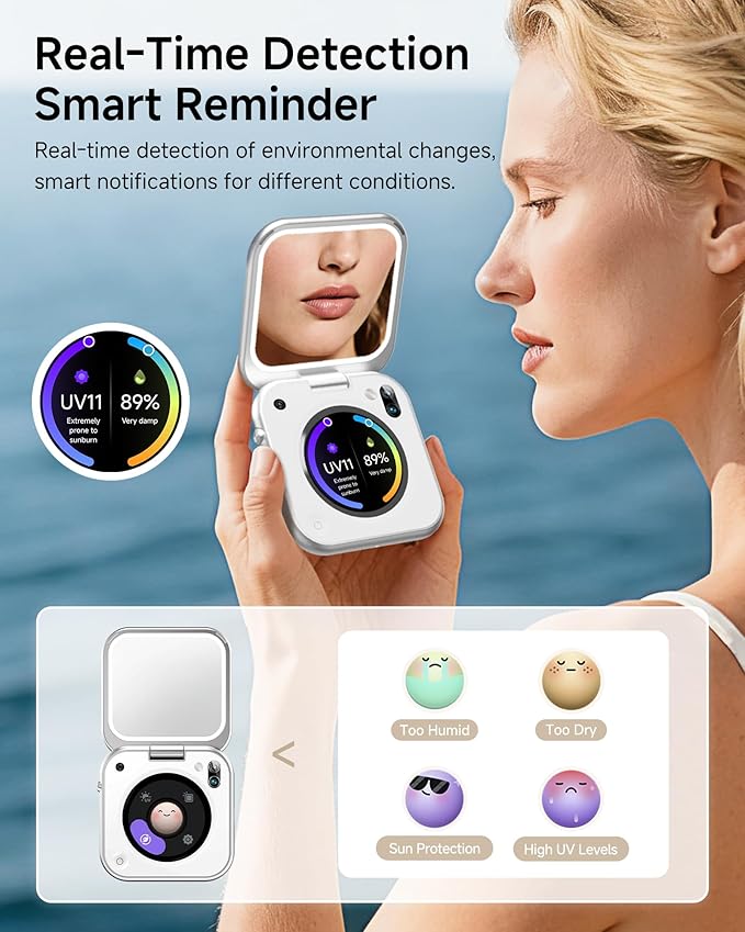 inewme UV Camera Mirror for Sunscreen Test, 3-Color LED Light with Real-Time UV & Humidity Sensor, Portable Travel Makeup Mirror, Compact Skin Care Tool