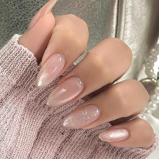 Hkanlre Cat Eyes Press on Nails Almond Pink Fake Gradient Nails Tips Full Cover False Medium Nails for Women 24PCS