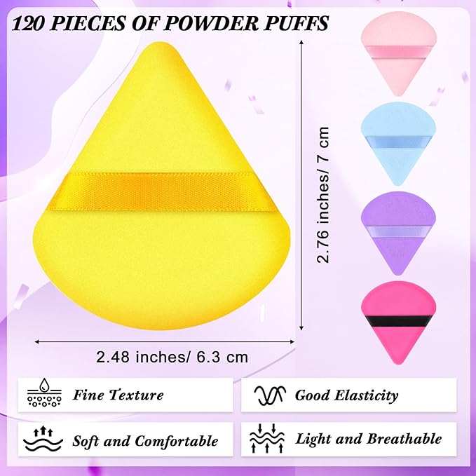 Skylety 120 Pieces Powder Puff Soft Triangle Makeup Puff Sponge Beauty Puff for Loose Powder Cosmetic Foundation Blender Dry Contouring Tools Women Thanksgiving Christmas Gift, 5 Colors (Bright Color)