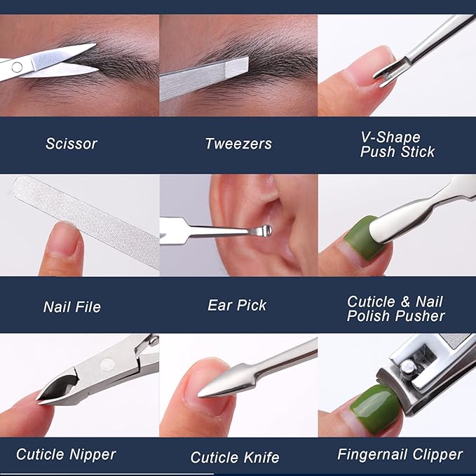 Manicure Kit, FAMILIFE Professional Manicure Set Nail Kit, 11 in 1 Stainless Steel Nail Clippers Set for Men Pedicure Kit, Men Grooming Kit with Portable Blue Leather Travel Case Luxury Gifts for Him