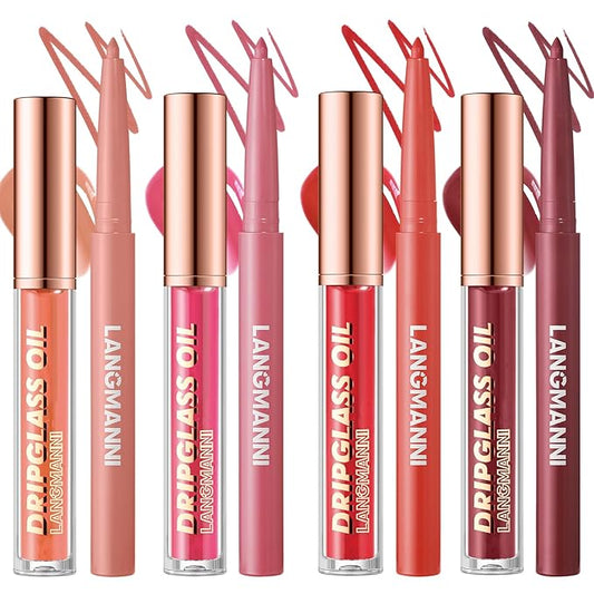 Jolilab Matte Lip Liner Lip Oil Set, Lip Makeup Set Natural Smooth Long-Lasting And Hydrating Beauty Daily Cosmetics Gift for Girls Easy-to-Use(8pcs)