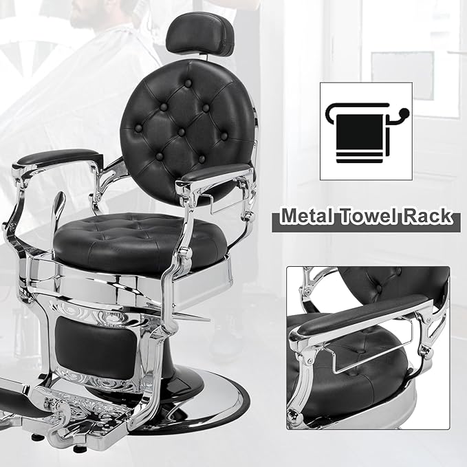 Winado Heavy Duty Vintage Recline Barber Chair Hydraulic with Headrest, Supports up to 700lbs & 360°Rotatable, Professional Salon Beauty Spa Shampoo Equipment (Button Style)