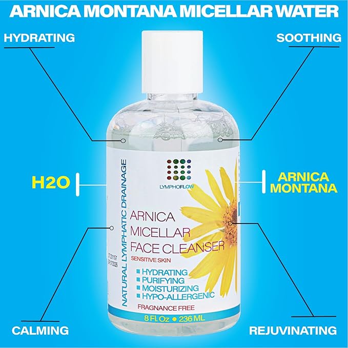 Arnica Montana Micellar Cleansing Water, Facial Cleanser & Makeup Remover, Suitable for All Skin Types, Use for Natural Lymphatic Drainage, Reduces Face Puffiness, Daily Skin Care, 8 Fl Oz
