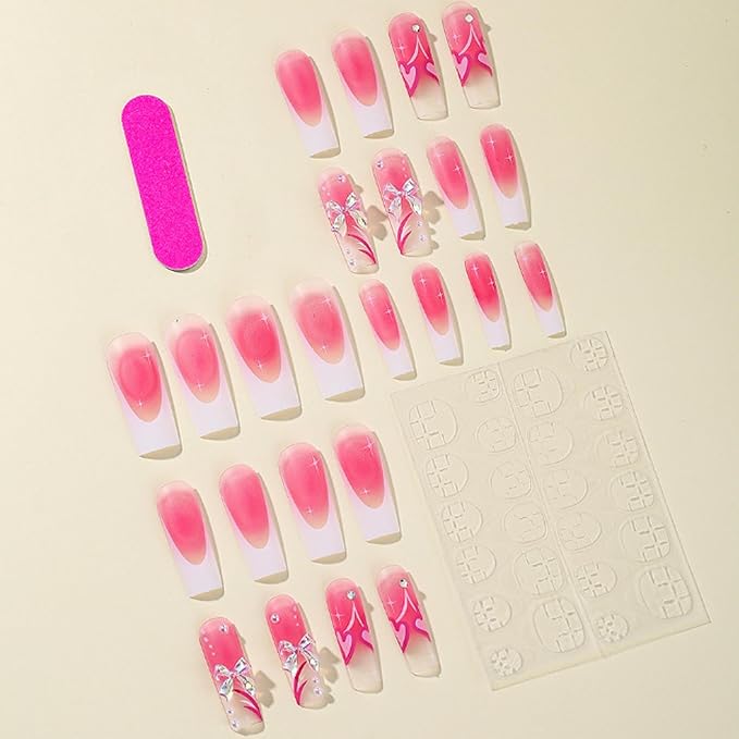 Hkanlre Pink French Press on Nails Cute Heart Fake Nails Tips Full Cover False Square Medium Nails for Women and Girls 24PCS