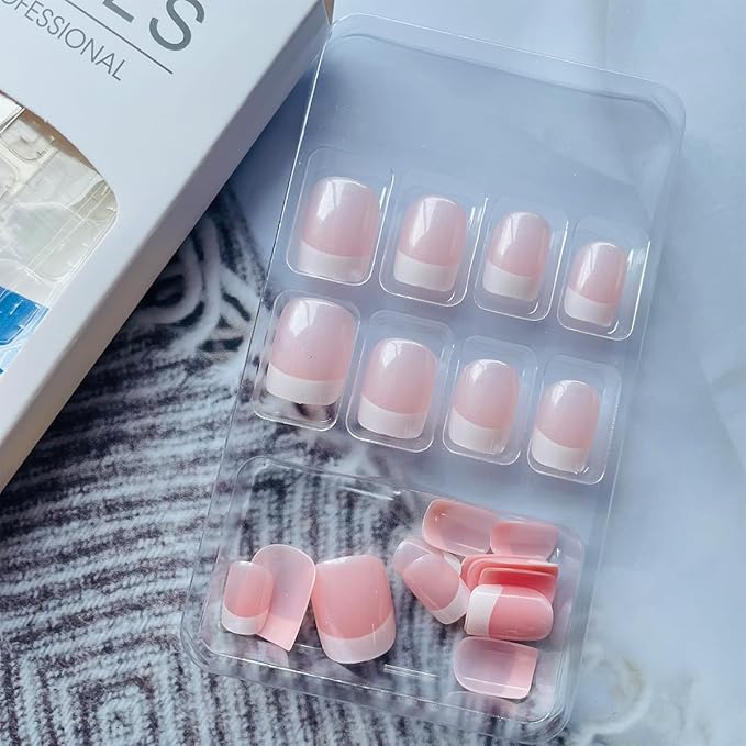 White French Tip Press on Nails Short Square Fake Nails Pink Stick on Nails Full Cover Acrylic False Nails Reusable Natural Glue on Nails With Nude Designs for Women Girl Salon Manicure 24pcs