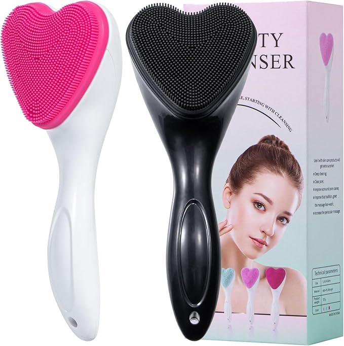 Silicone Face Scrubber Exfoliating Brush 2 Pack, Manual Handheld Facial Cleansing Brush Blackhead Scrubber, Soft Bristles Waterproof for Face Skincare (Black Hot-Pink,Heart)