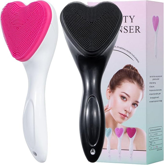 Silicone Face Scrubber Exfoliating Brush 2 Pack, Manual Handheld Facial Cleansing Brush Blackhead Scrubber, Soft Bristles Waterproof for Face Skincare (Black Hot-Pink,Heart)
