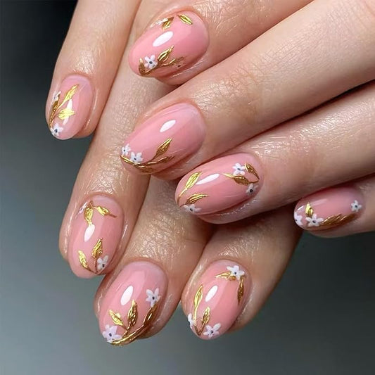 Fall White Flower Press on Nails Short Almond False Nails With Gold Design Full Cover Glue on Nail Reusable Floral Acrylic Fake Nails Glossy Artificial Stick on Nail for Women