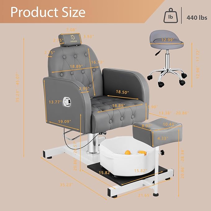 Pedicure Chair with Massage Foot Bath for Nail Tech and Foot Bath, Pedicure Chair 360 ° Rotation Height Adjustable Pedicure Unit Station (450graykou)