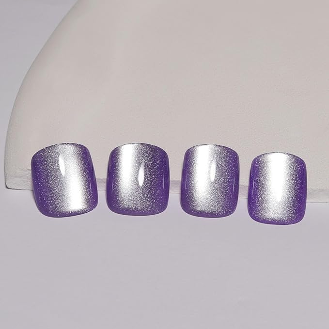 Purple Press On Nails Short - Lavender Color, Cat Eye Press On Nails Square Fake Nail with Color-Shifting Glow, Reusable Stick On Nails, 15 Sizes - 30Pcs, Glue On Nails for Women, Amethyst Drift