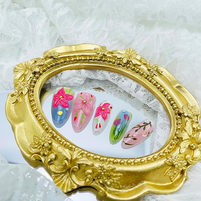 30Pcs 3D Flower Press on Nails Medium Almond Fake Nail with Gold Bead Heart Rhinestone Designs Hibiscus Floral Glue on Nails Colorful Acrylic Nail Cute Bow False Nail Summer Stick on Nails for Women