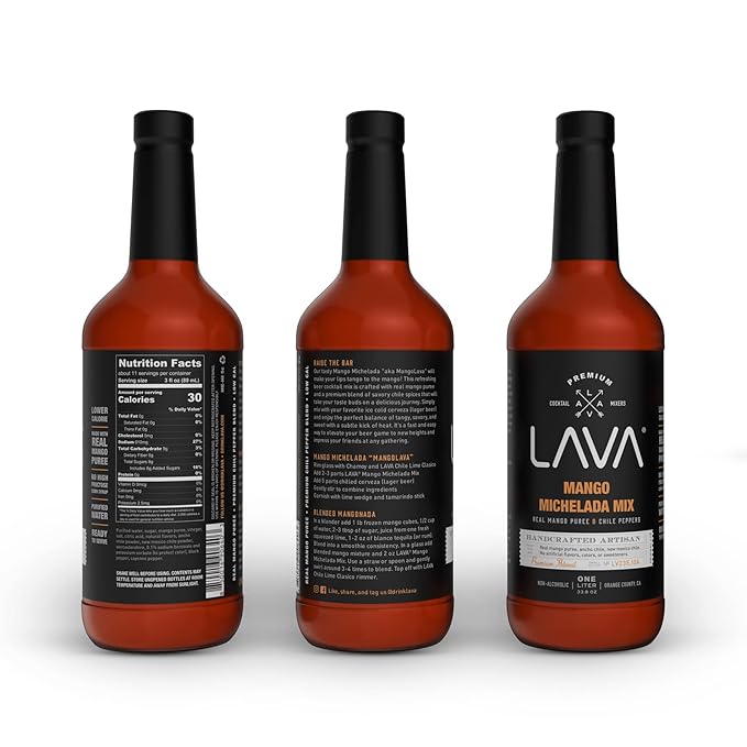 LAVA Premium Mango Michelada Mix Made With Real Mango Puree, Ancho Chile Peppers, New Mexico Chile, Tamarind, Vegan, 1-Liter (33.8oz) Glass Bottle, Ready to Use