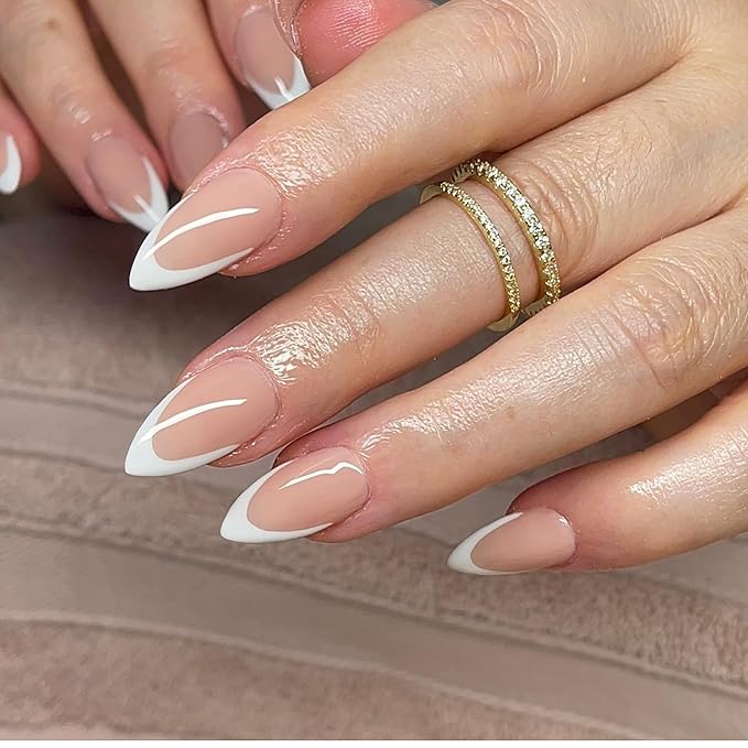 30 PCS White French Tip Press On Nails Short Almond,Medium Fake Nails French Nails Press ons,Oval Acrylic Nails Glue on Nails Medium,Natural Short Almond Nails False Nails for Women in 15 Sizes