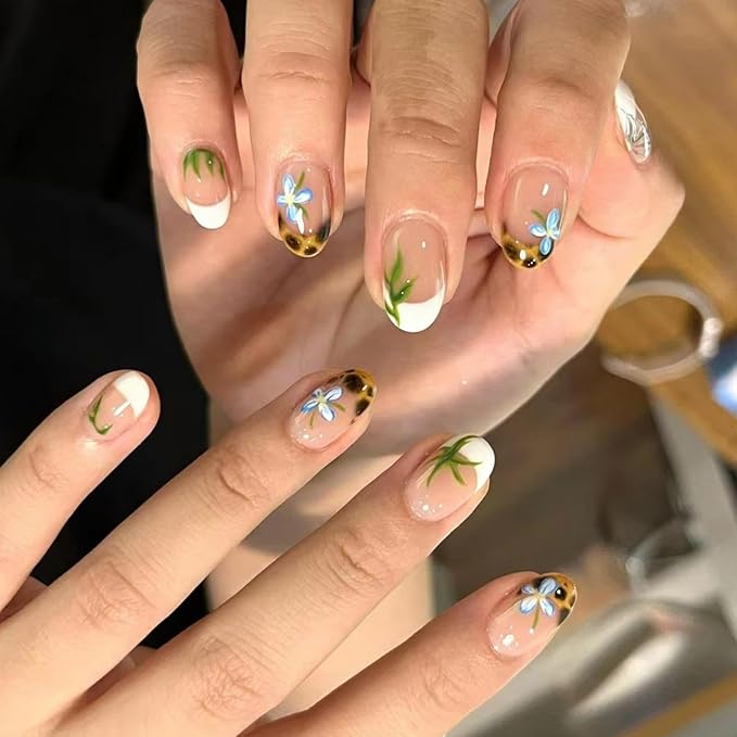 Leopard Print Press on Nails White French Tip Fake Nails Short Almond False Nails with Flower Design Nude Glue on Nails Glossy Acrylic Full Cover Green Grass Stick on Nails for Women Manicure