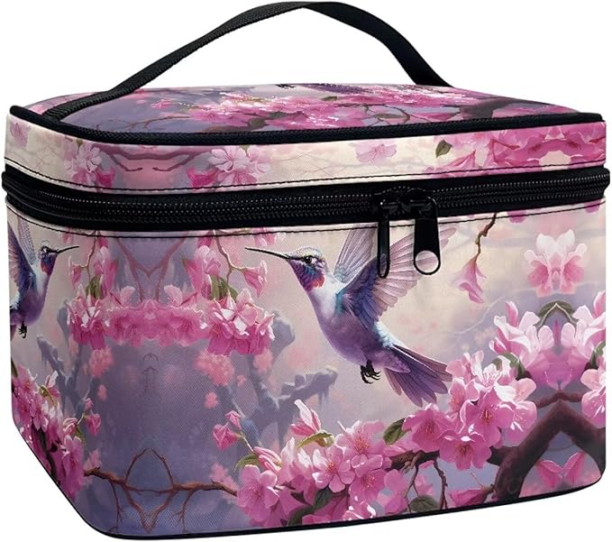 Hummingbird and Pink Flowers Print Travel Makeup Bags for Women Portable Tote Cosmetic Case with Carry Handle Toiletry Accessories Storage Organizer Bags