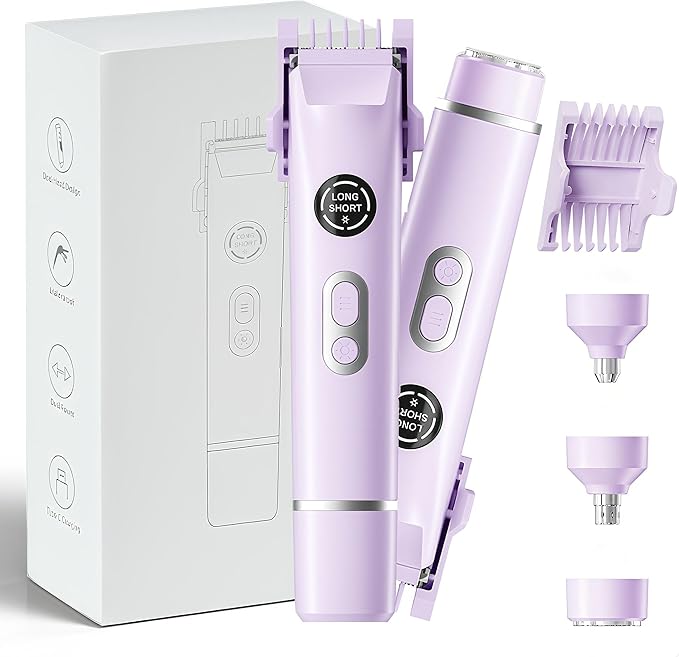 Upgrade Dermave Bikini Shaver, Dual Head 4 in 1 Bikini Trimmer for Women, IPX7 Waterproof Wet & Dry Use Electric Razor with Led Light and Display for Nose, Eyebrow, Bikini, Body (Purple)